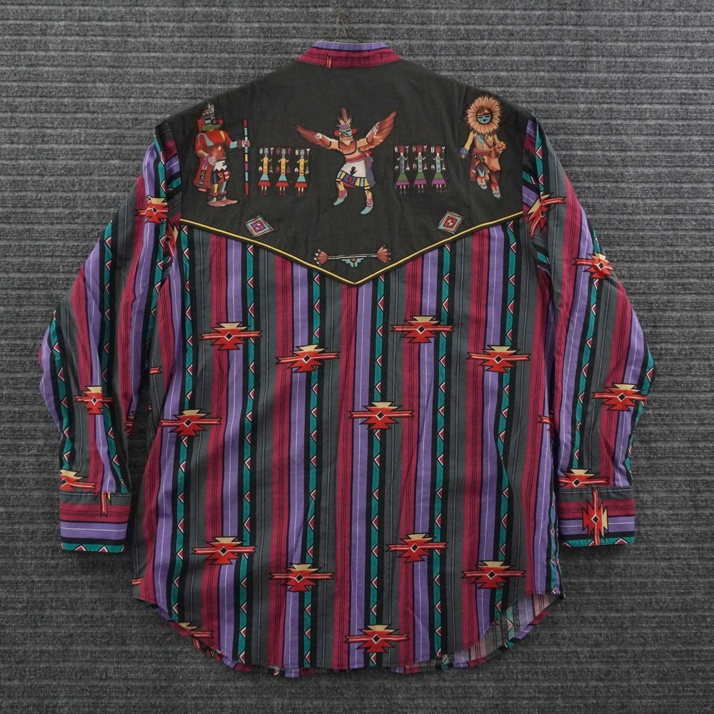 Vintage 80s Western Shirt Mens L Multicolor Kachina Embroidered Snap Button - Picture 3 of 9